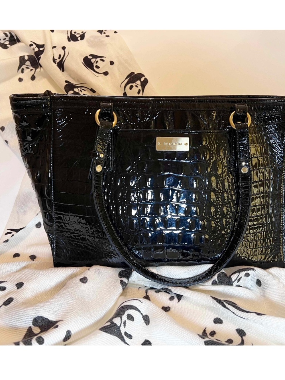 Brahmin Timeless Black Croc-Embossed Patent Leather Melbourne Collection Tote Ba